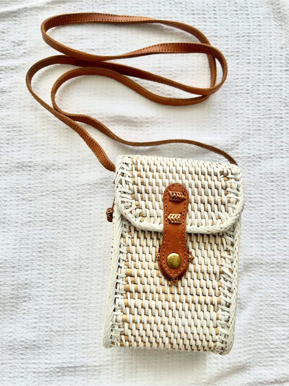 Woven Crossbody Phone Bag with Tan Leather Strap